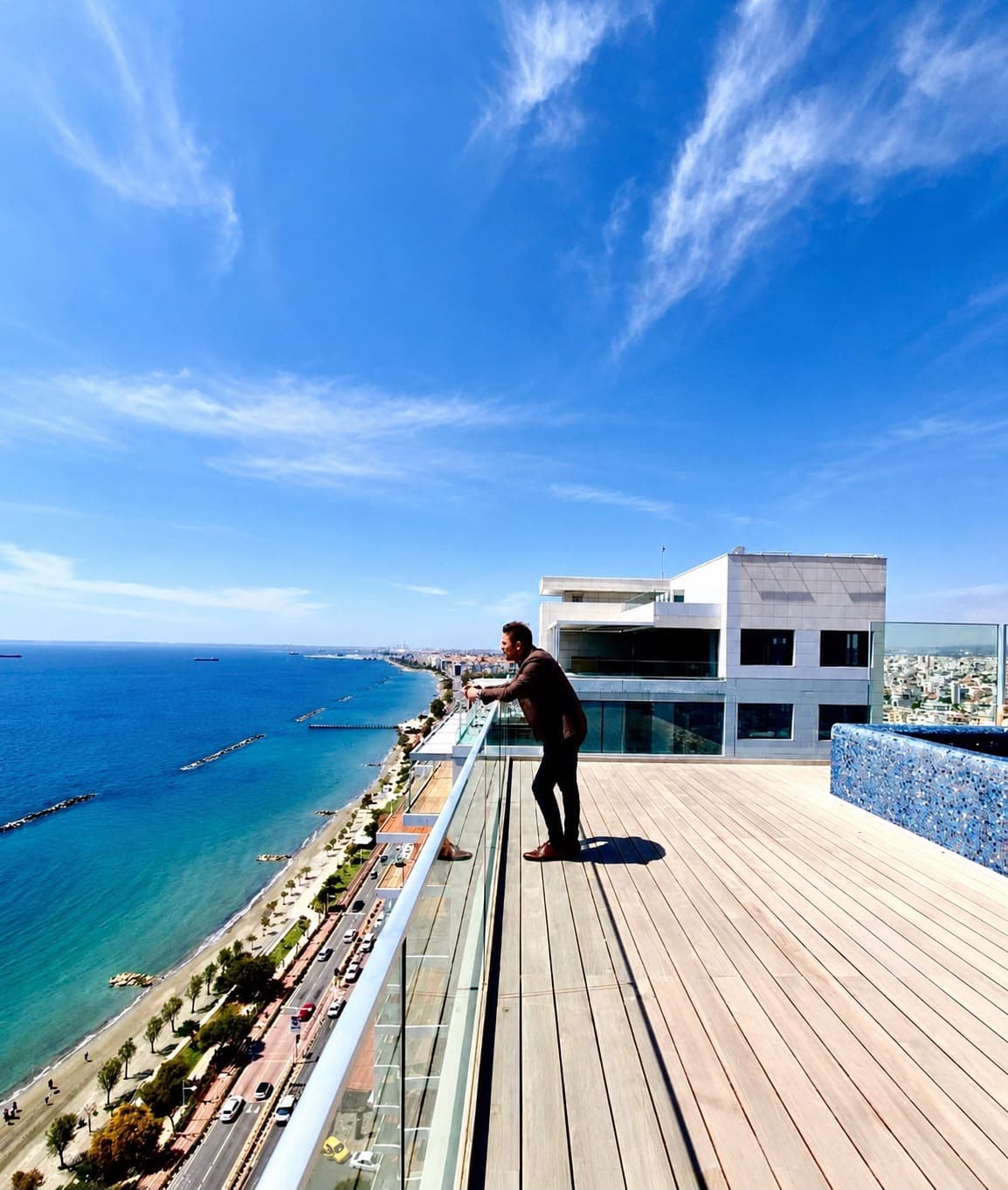 Constantinos Elia on a rooftop above the Limassol seafront, 2018